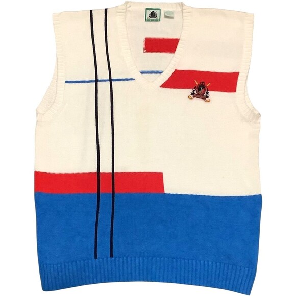 Izod Other - Vintage Izod V Neck Golf Sweater Vest Men's Large Red White & Blue Color Block